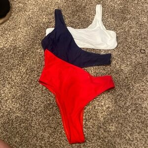 Two-piece red, white and blue swimming suit